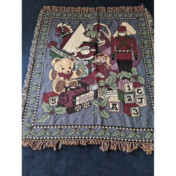 Tapestry Throw Blanket Christmas Santa's Express Nutcracker Bear Woven 50" x 60" - Picture 3 of 8